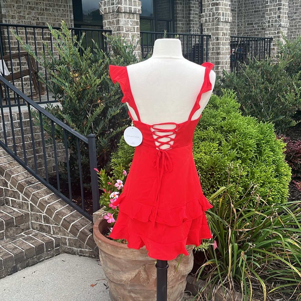 Red Flirty Flutter Sleeve Party Mini Dress New - Picture 4 of 13
